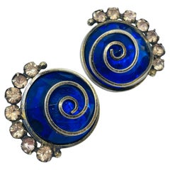 Vintage sterling silver marked sapphire glass swirl design old clip on earrings