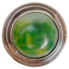 Mexikanisches Vintage-Brosche-Set aus Sterlingsilber mit großem grünem Cabochon-Stein aus Cabochon