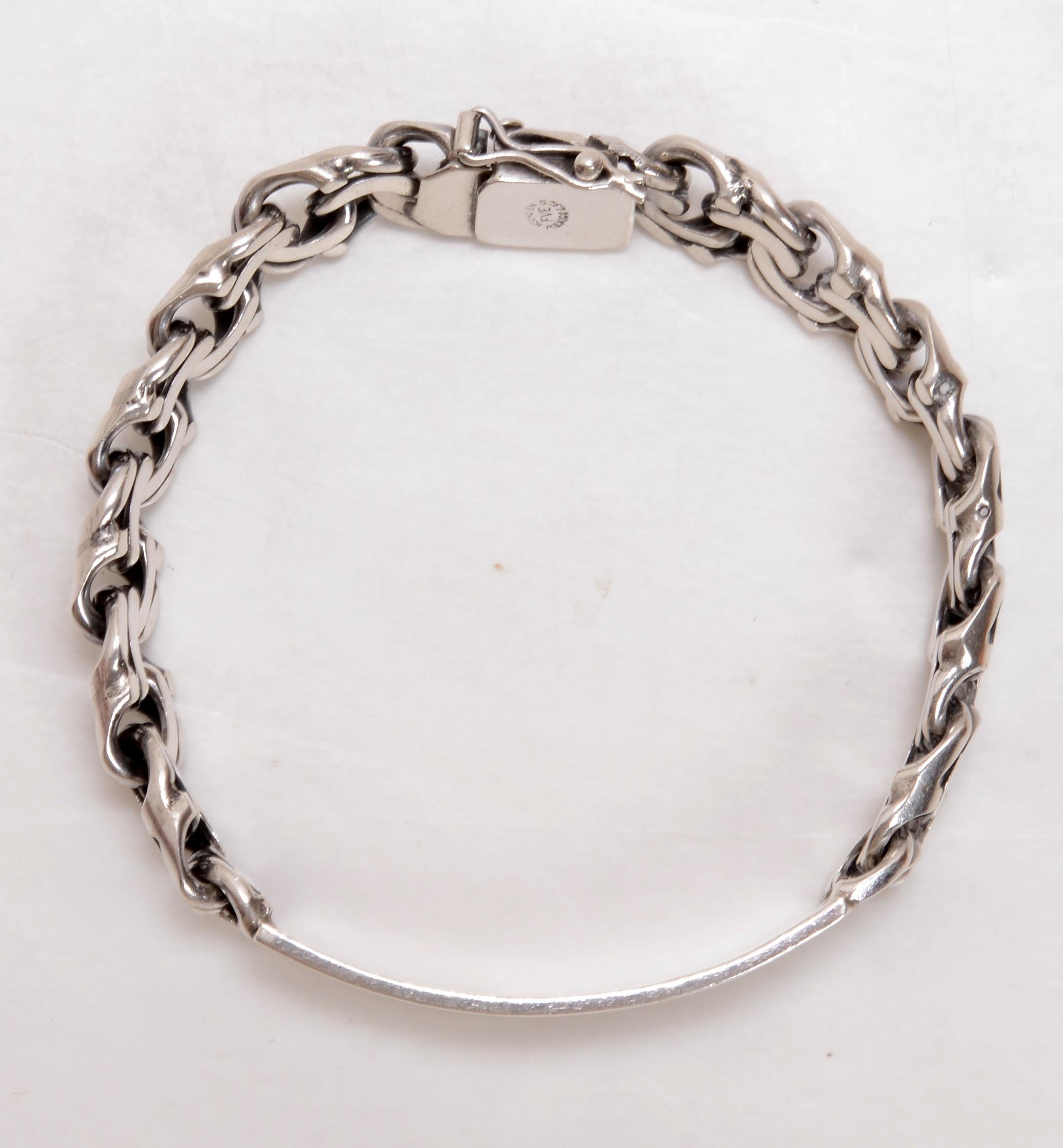 Vintage Sterling Silver Mexican ID Bracelet with Garibaldi Link, Marked “Hecho en México”® (Made in Mexico) Trademark and Makers Mark 'FVE'. This is an authorized and licensed mark used by some jewelry makers recognized by the government and held to