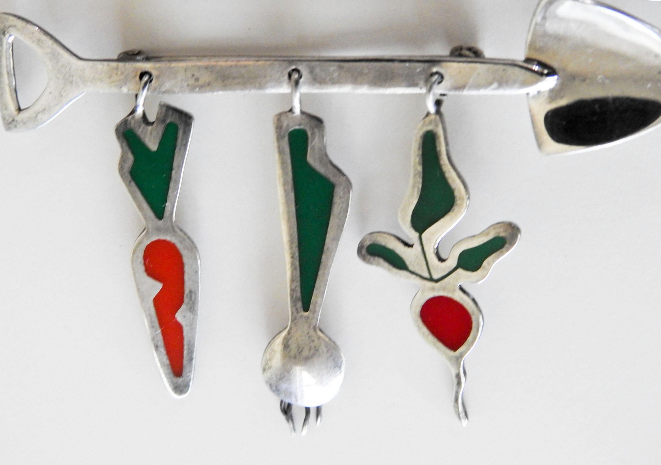 Vintage late 20th century artistic dimensional sterling silver and enamel brooch. Marked Mexico 925 OAHD on back, shovel with enameled carrot, onion and radish . Onion is 1.5