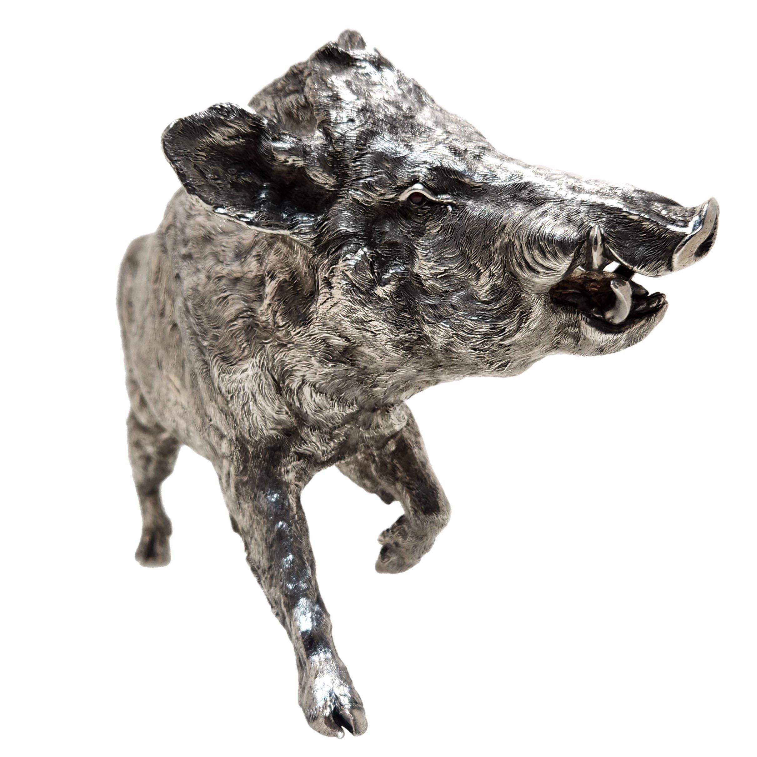English Vintage Sterling Silver Model of a Boar Figurine London, England 1987 For Sale