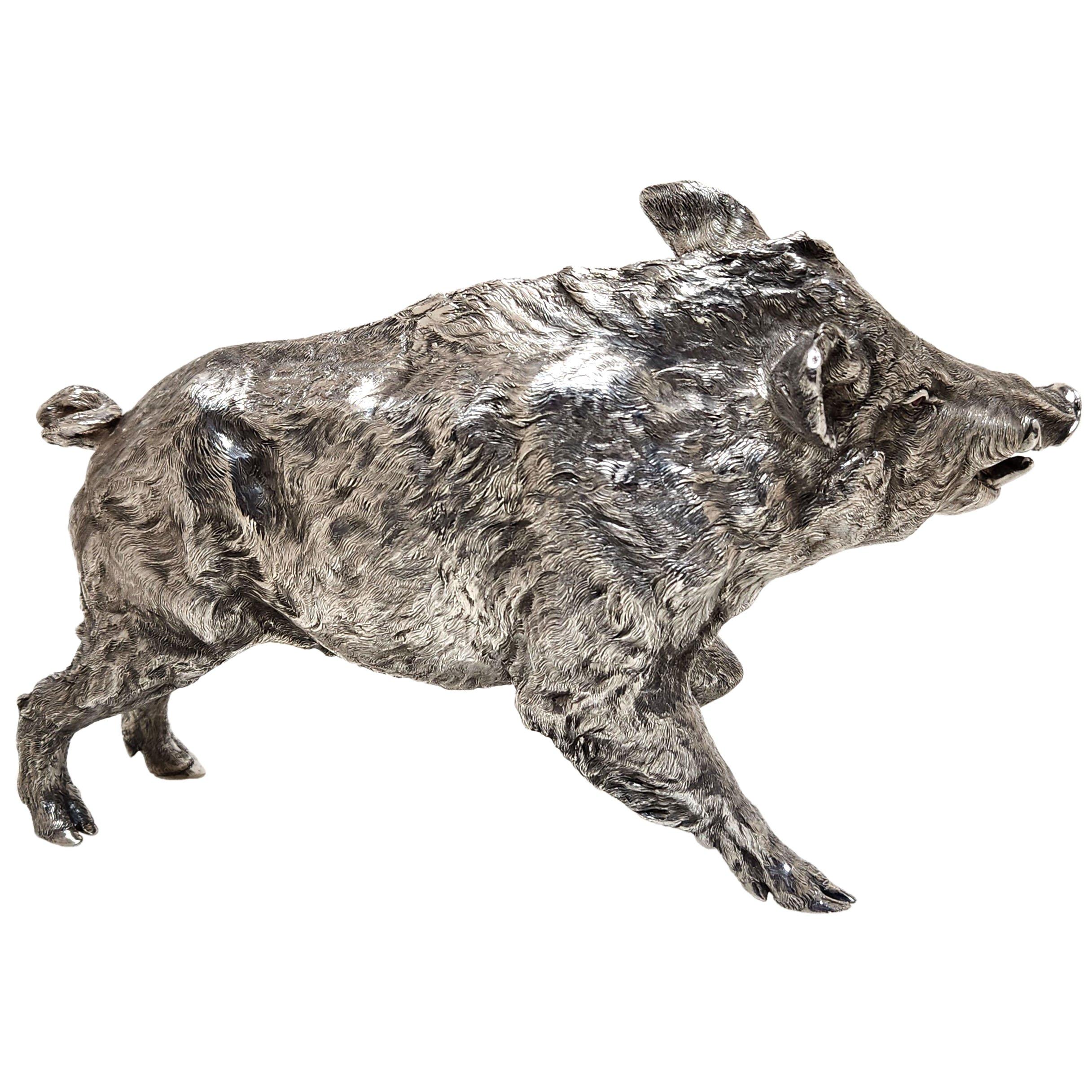 20th Century Vintage Sterling Silver Model of a Boar Figurine London, England 1987 For Sale