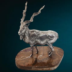 Vintage-Figur aus Sterlingsilber in Form einer Markhor-Ziege, mit Steinsockel, London 1978