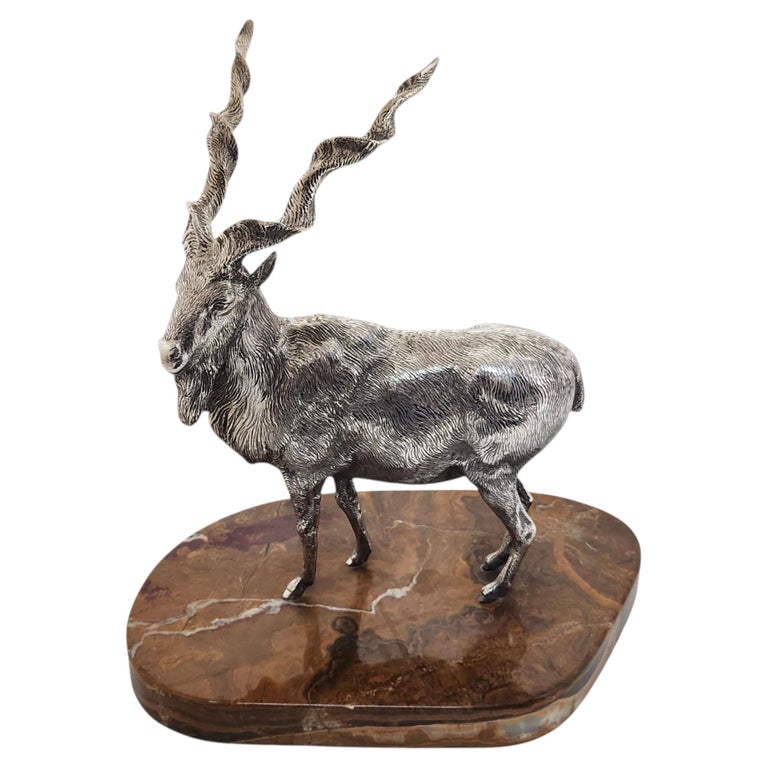 Vintage Sterling Silver Model of a Markhor Goat Figurine Stone Base London 1978