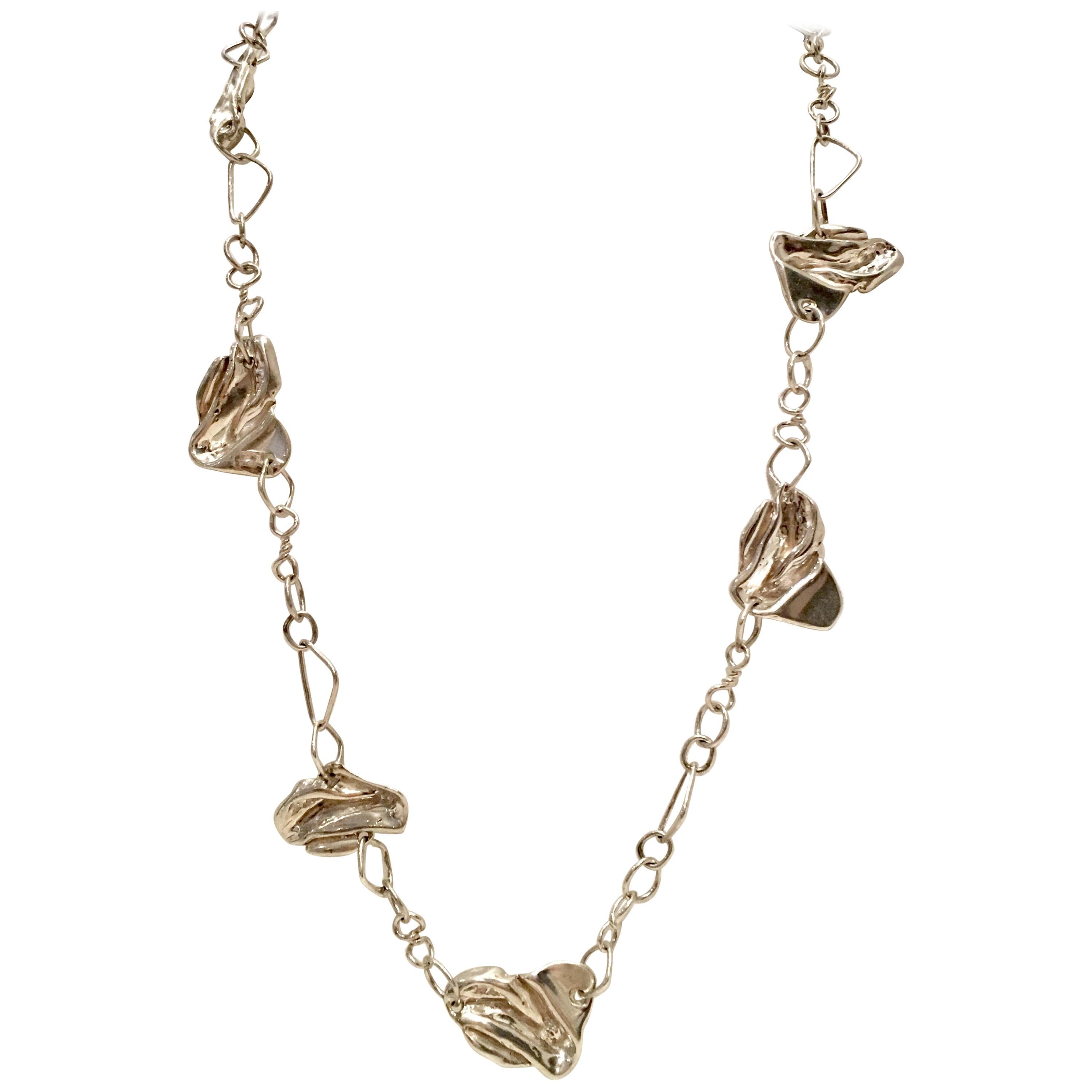 Vintage Sterling Silver Modernist Organic Form Chain Link Necklace For Sale