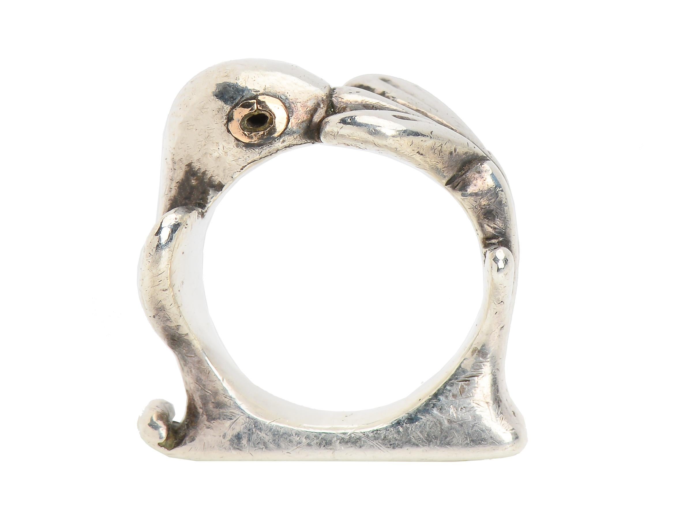 Mosheh Oved silver ring, in the form of a pigeon, is a highly collectible ring for history buffs, Oved collectors and animal jewelry lovers. Mosheh Oved, proprietor of the Bloomsbury Cameo Corner, a famous antique shop in England during the 1930's