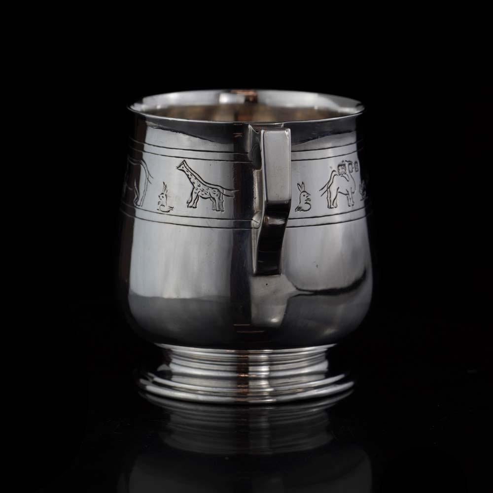 Mid-20th Century Vintage Sterling Silver Mug Engraved with Various Animals For Sale