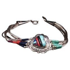 Vintage Sterling Silver Native Heart Multi Stone Liquid Silver Bracelet 7''