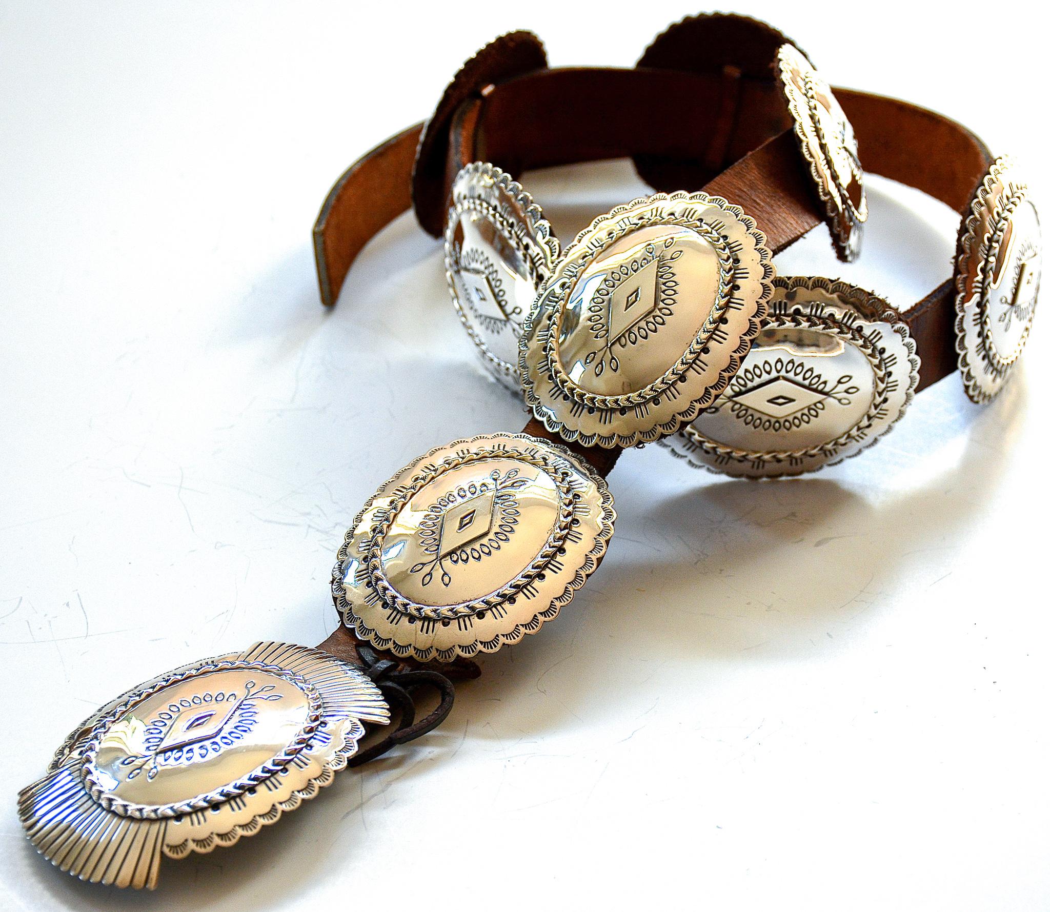 Hand-Crafted Vintage Sterling Silver Navajo Concho Belt by Silversmith Bruce Morgan For Sale