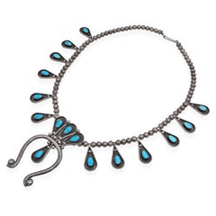 Vintage Sterling Silver Navajo Turquoise Squash Blossom Necklace