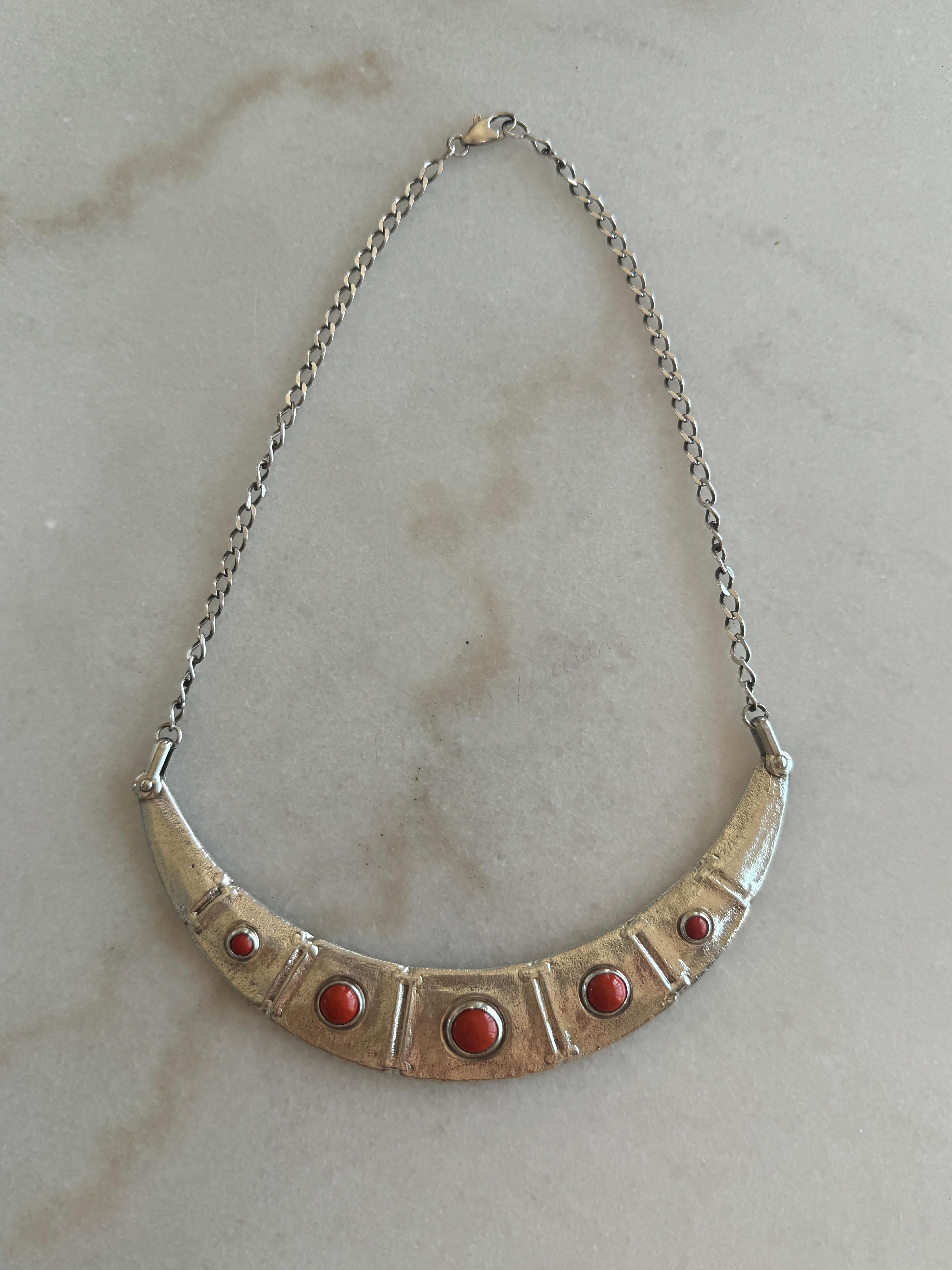 Vintage-Halskette aus Sterlingsilber mit Korallensteinen im Cabochon-Schliff im Angebot 6