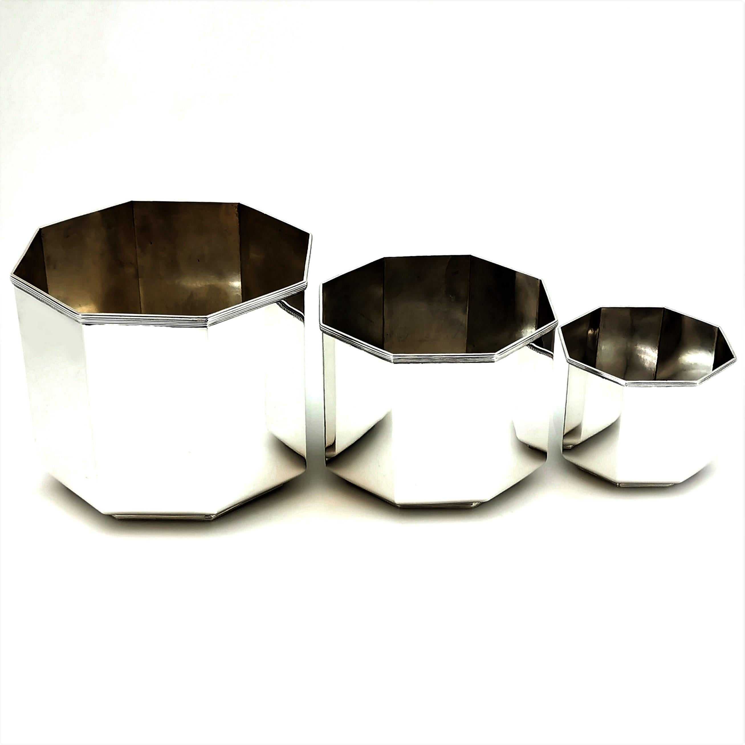 Vintage Sterling Silver Octagonal 3 piece Set of Pots / Bowls Plants Ice In Good Condition In London, GB