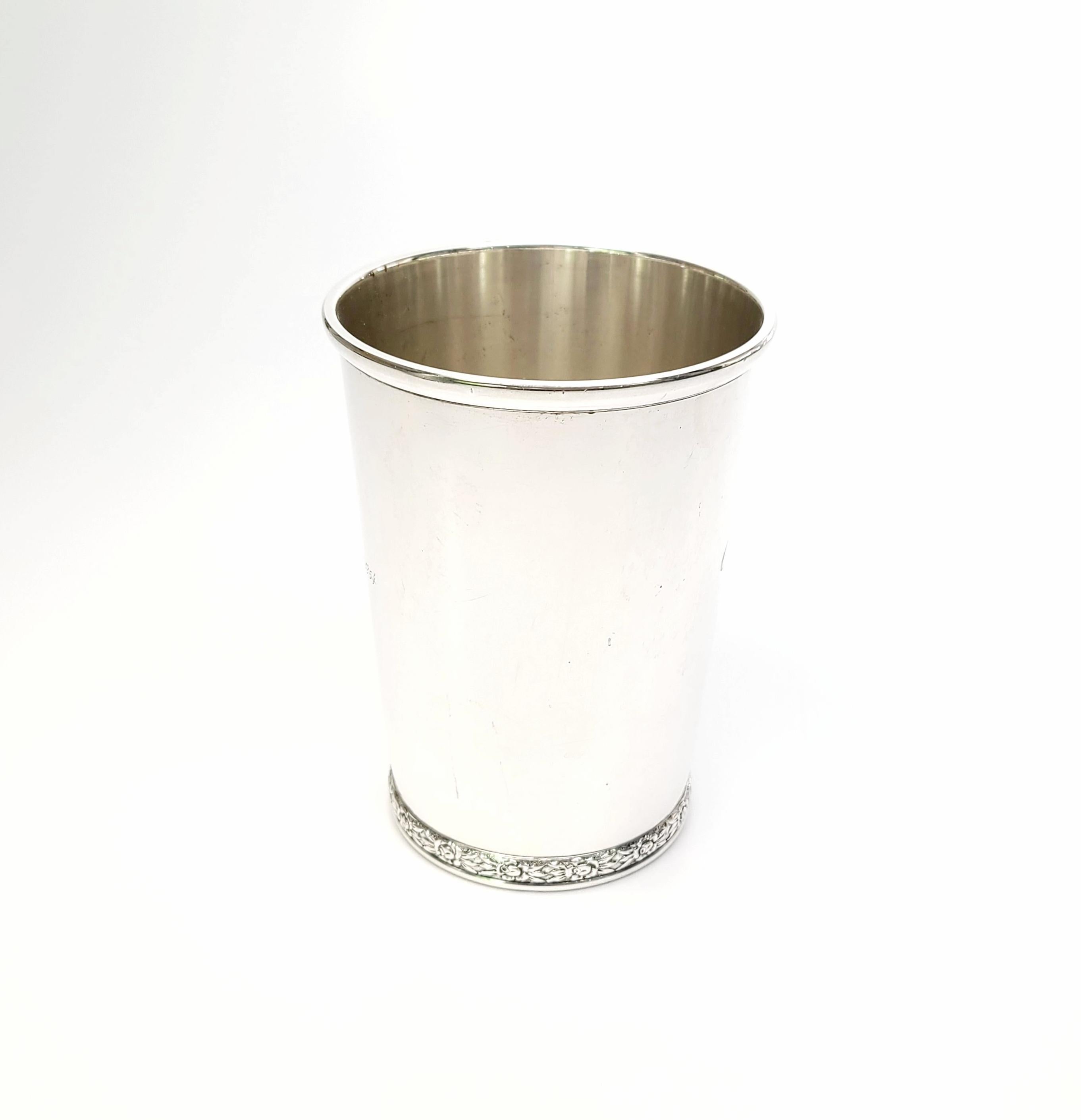 Vintage sterling silver Mint Julep cup by Brown, Waterhouse and Kaiser of Louisville, Kentucky, circa 1960s.

This valuable collectible cups are the official mint julep cups for the Kentucky Derby. The top rim is a heavy applied tapered band, the