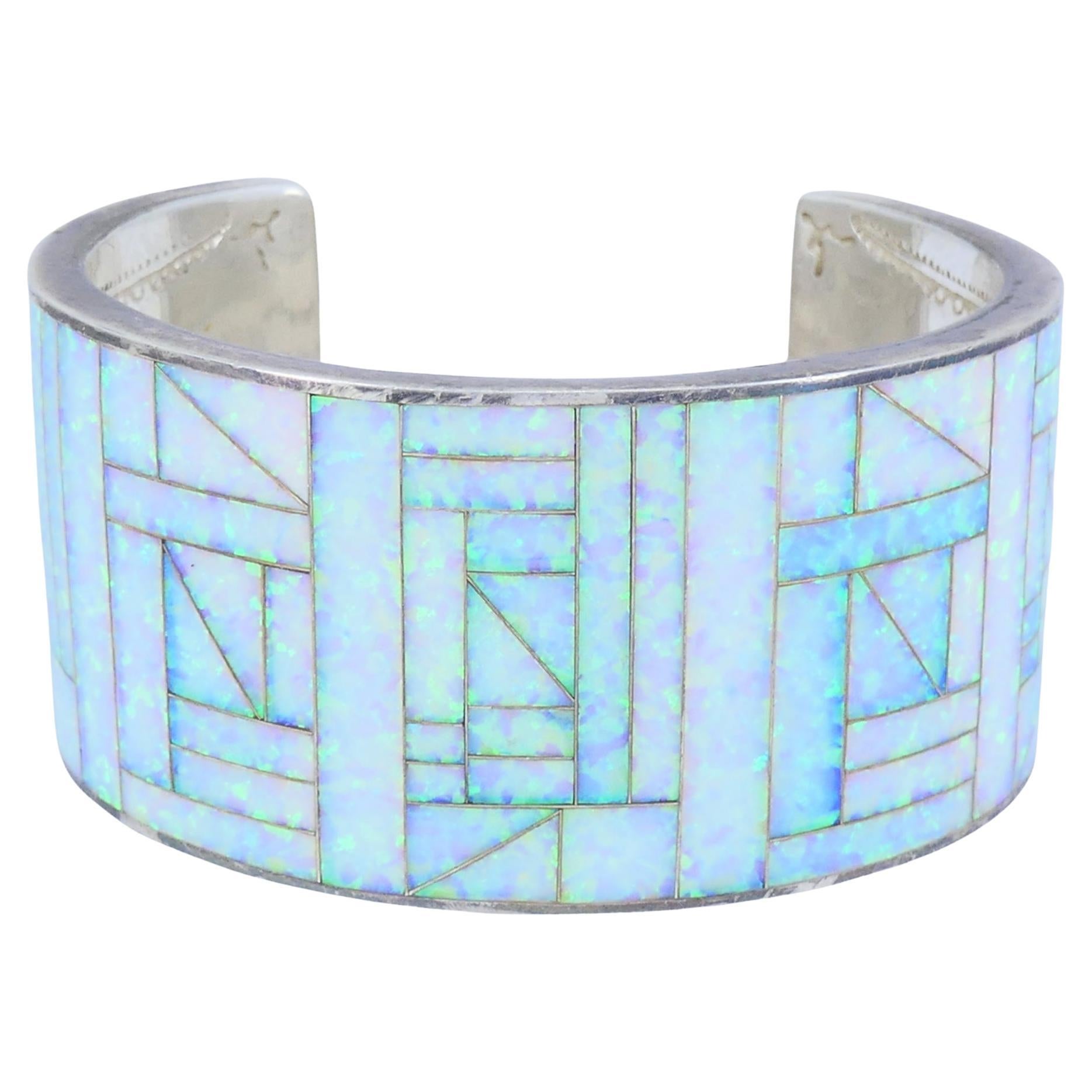 Vintage Sterling Silber Opal Inlay Manschette Armband, signiert JLS