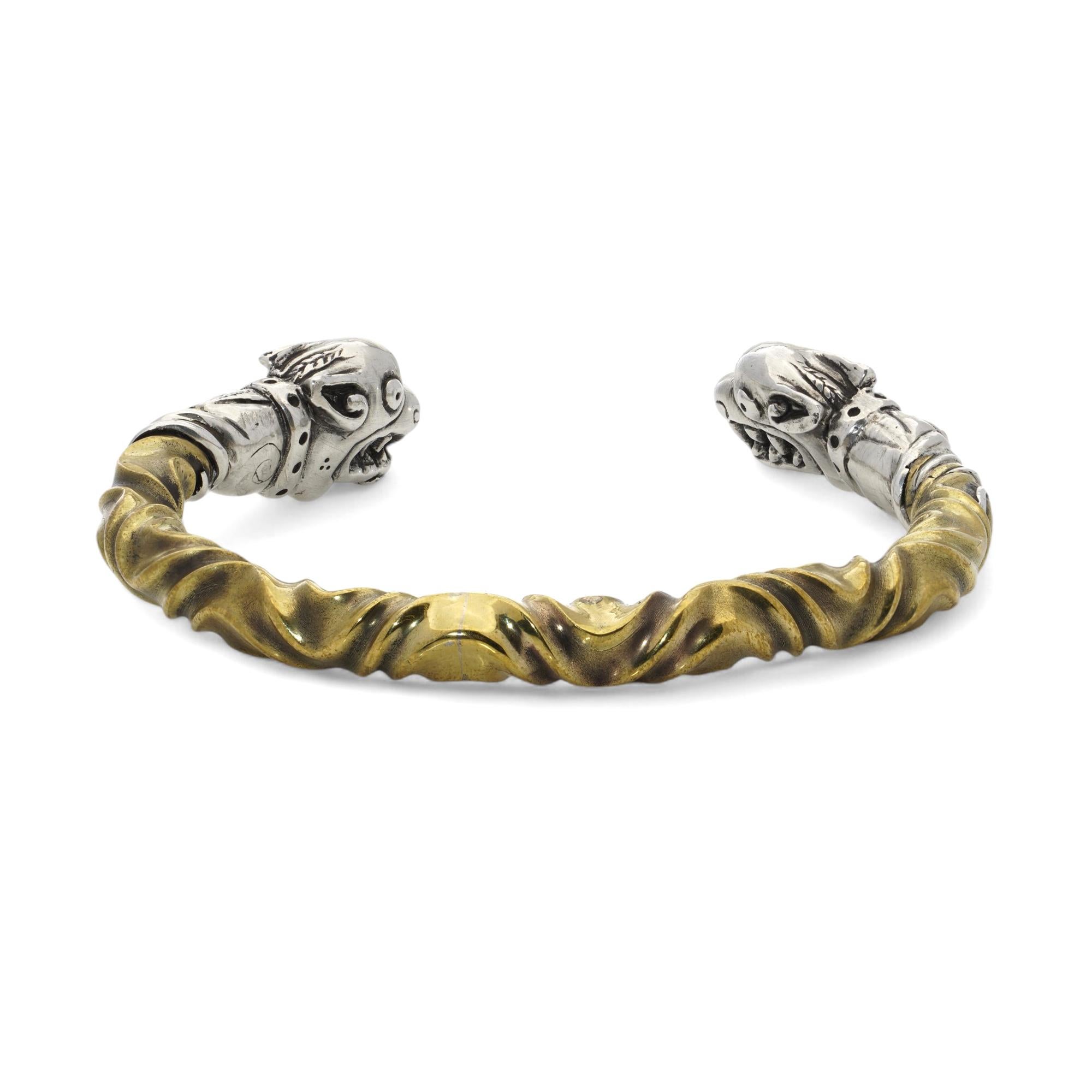 Women's or Men's Vintage sterling silver open cuff bracelet with dog heads For Sale