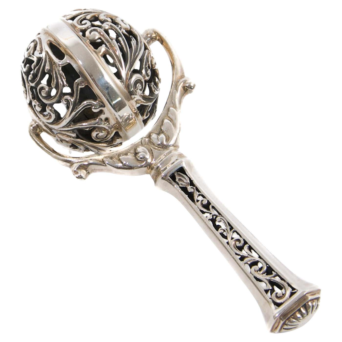 Vintage Sterling Silver Openwork Ball Newborn Baby Rattle For Sale at ...