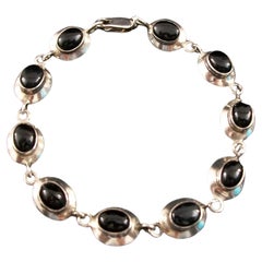 Vintage Sterling Silver & Oval Cabochon Black Onyx Bracelet - Mexico - C. 1980's