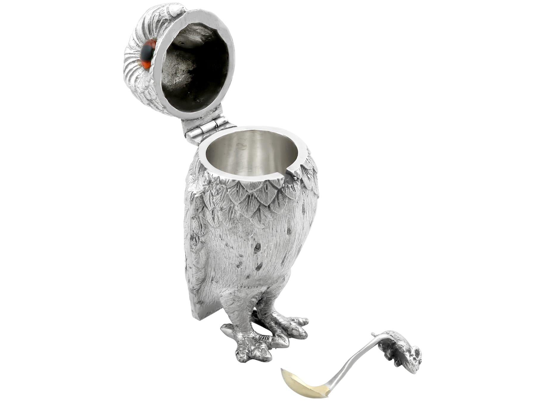 Tarro de mostaza búho vintage de plata de ley en venta 1