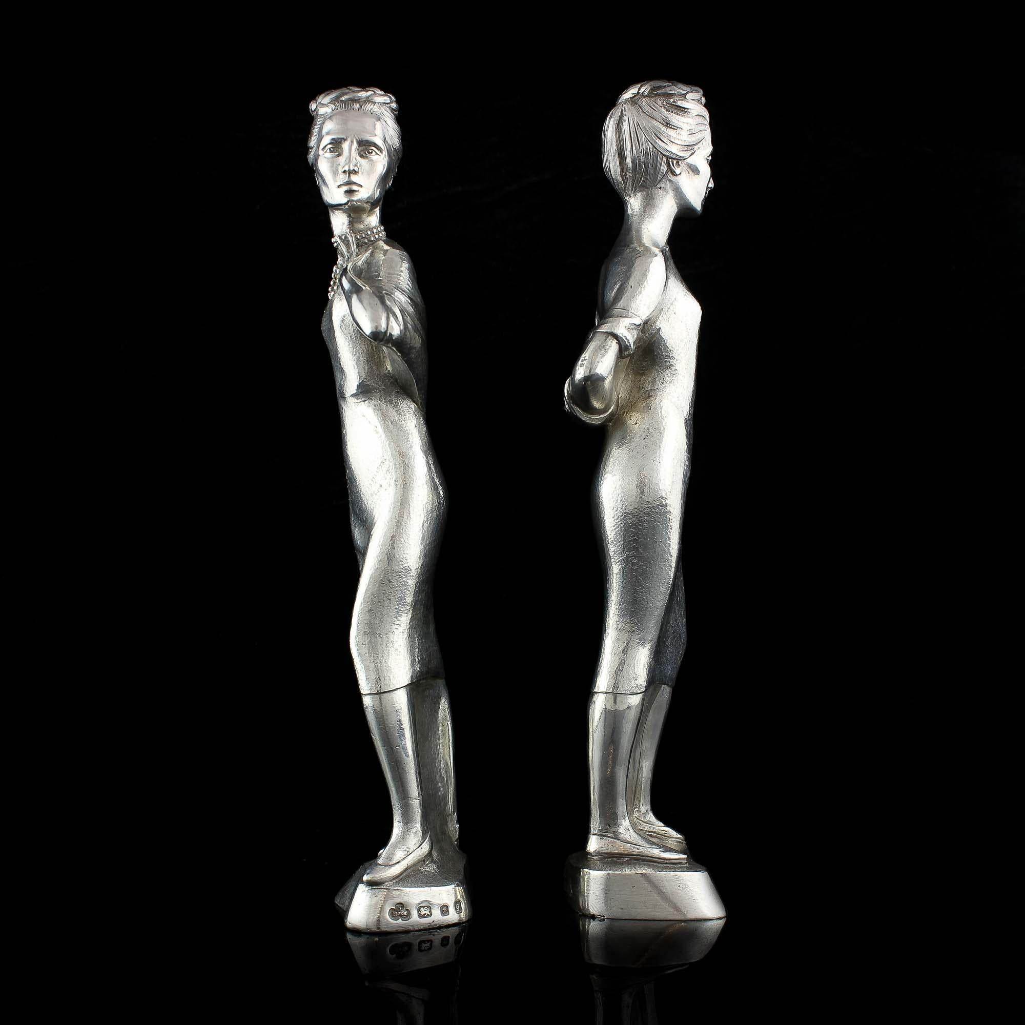Post-Modern Vintage Sterling Silver Pair of Candlesticks in the Shape of a Two Ladies For Sale