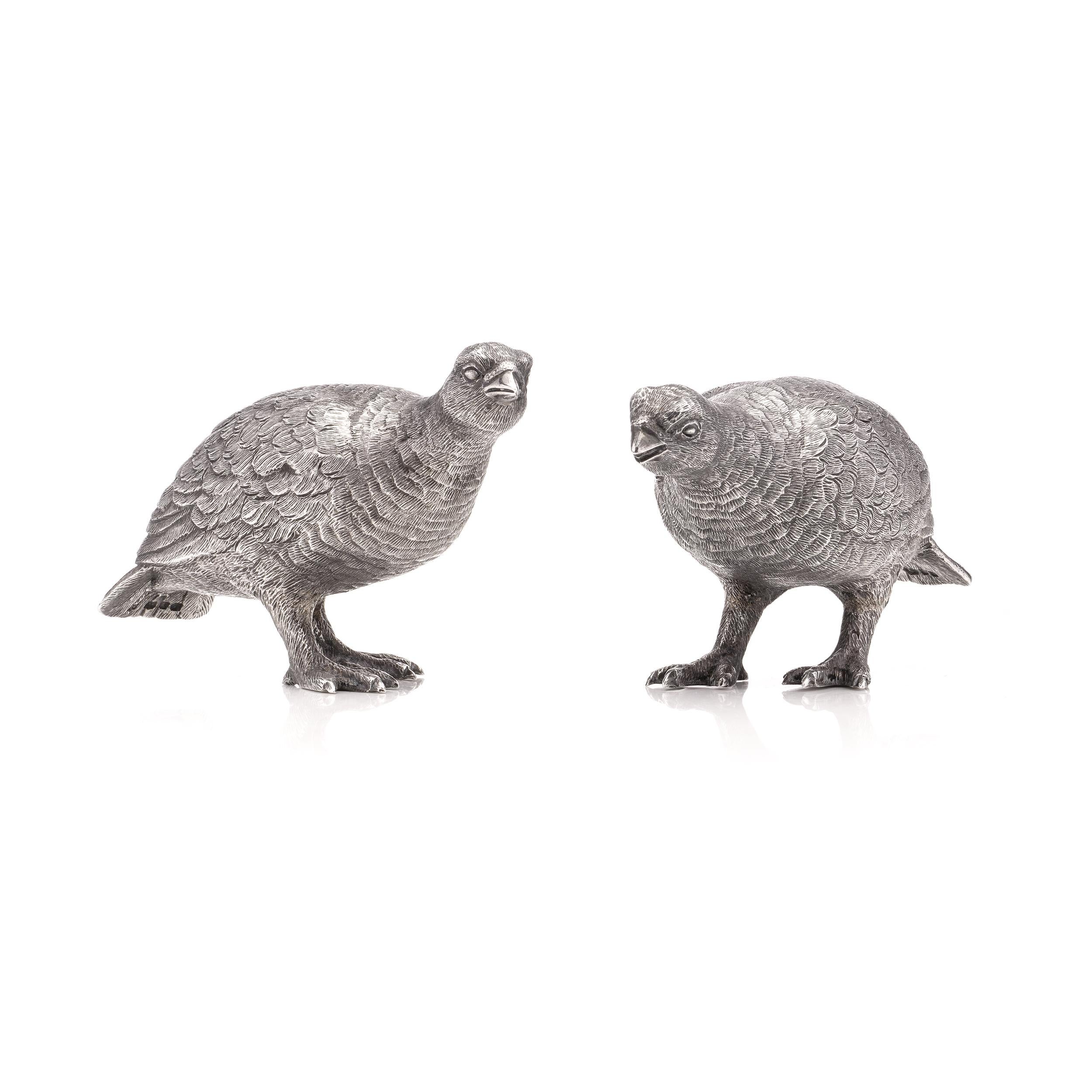 British Vintage sterling silver pair of grouse bird models, London, 1966 For Sale
