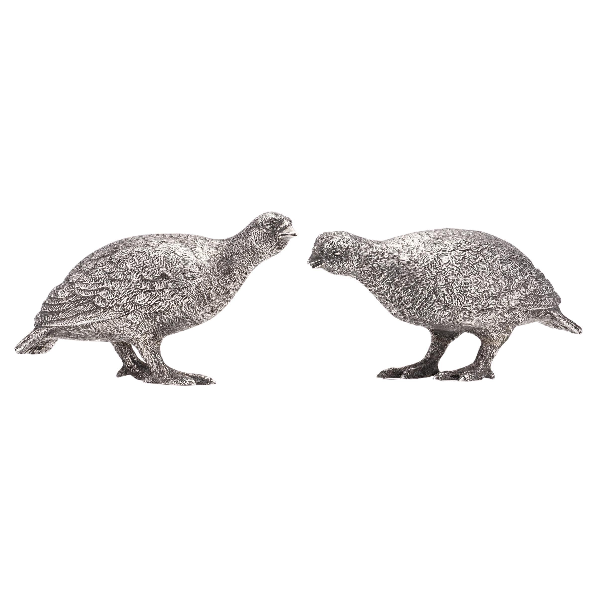 Vintage sterling silver pair of grouse bird models, London, 1966 For Sale