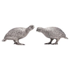 Antique sterling silver pair of grouse bird models, London, 1966