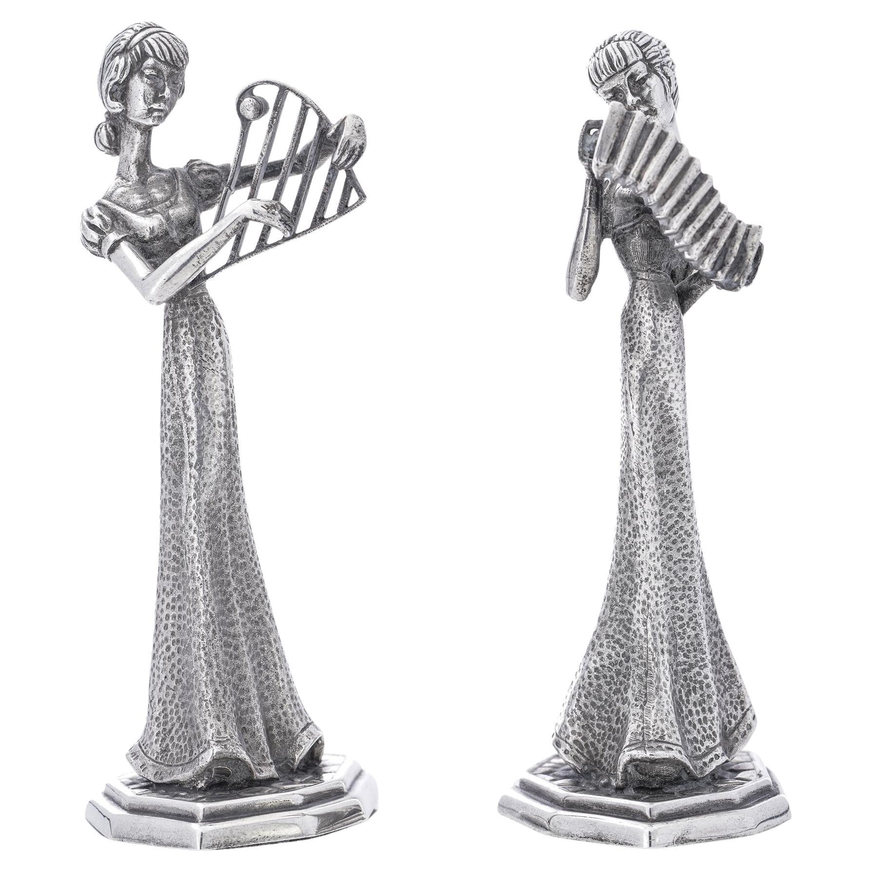 Vintage Sterling Silver Pair of Lady Figurines by Mappin & Webb  For Sale