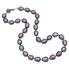 Vintage Sterling Silver Peacock Black Baroque Pearl Beaded Strand Necklace