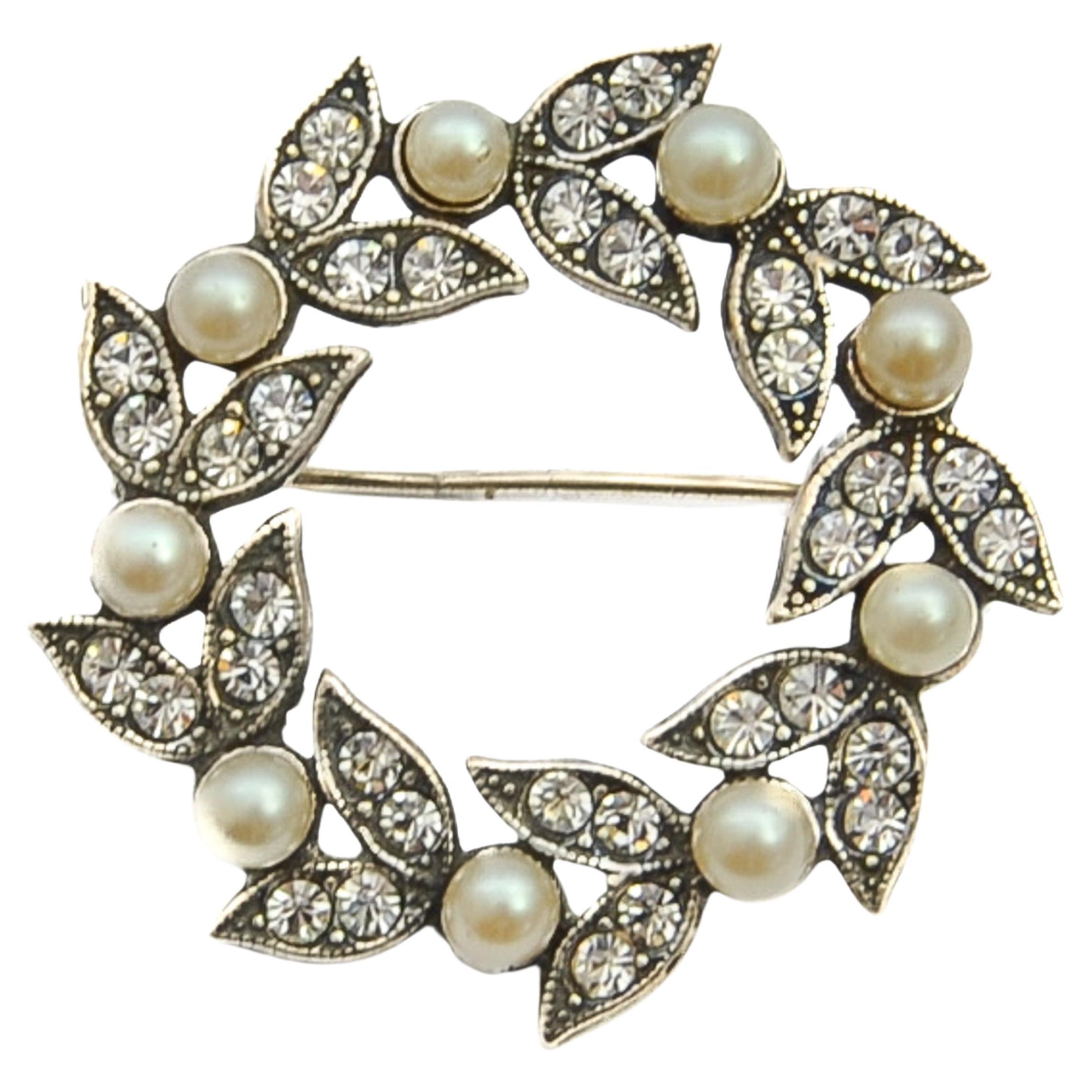 Vintage Sterling Silver Pearl Rhinestone Lapel Pin Wreath Brooch