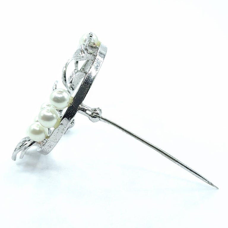 Broche Vintage Couronne Feuilles Argent Massif Avec Zircons Et Perles De Nacre - Occasion