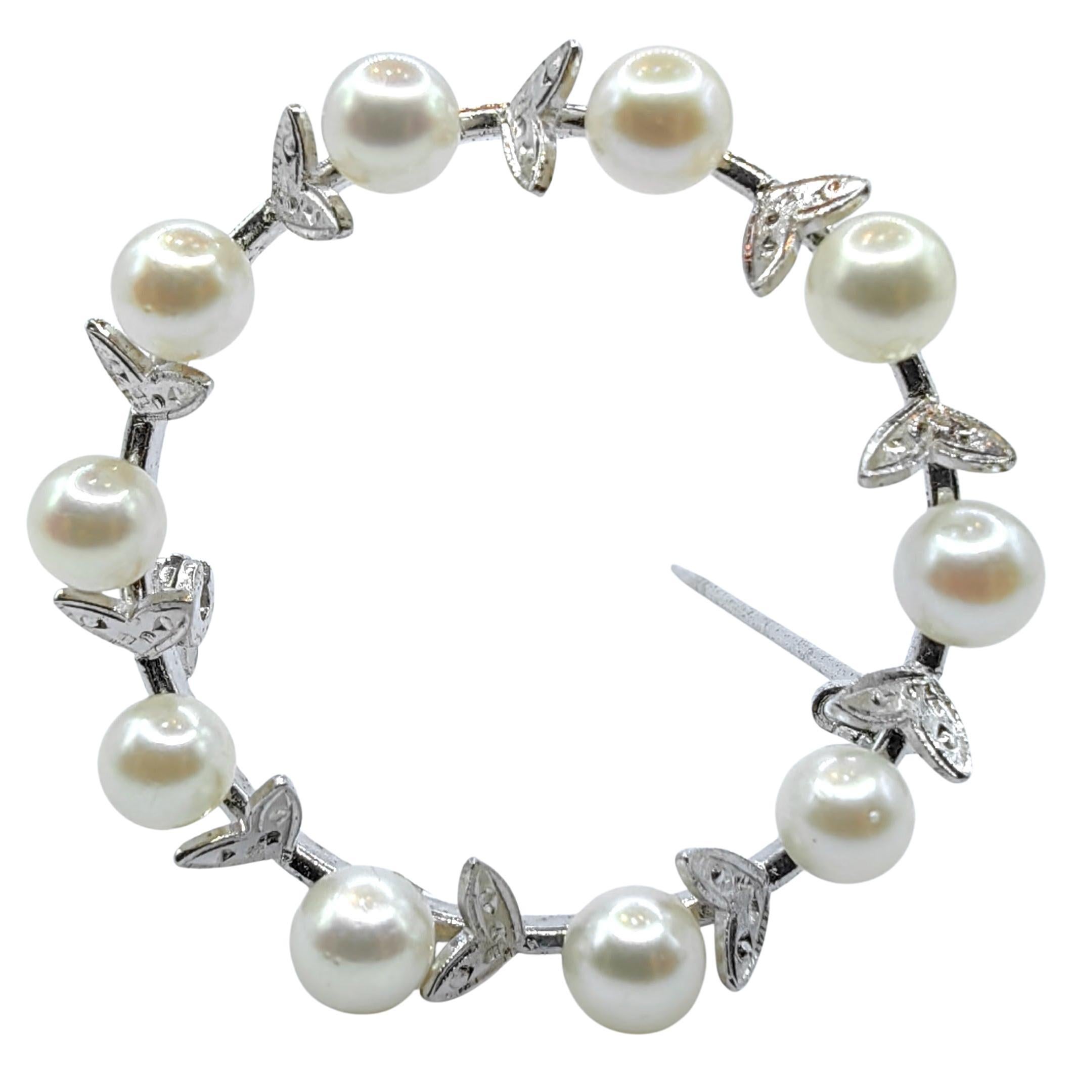 Vintage Sterling Silver Pearl Wreath Brooch with Filigree Leaf Accents