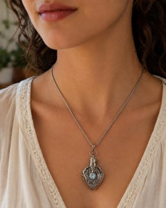 Vintage Sterling Silver Perfume Holder Pendant with Blue Stone, Ornate Filigree
