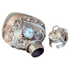 Vintage Sterling Silver Perfume Holder Pendant with Blue Stone, Ornate Filigree