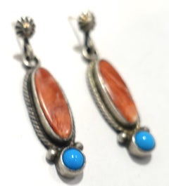 Vintage Sterling Silver Pierced Signed RB Coral & Turquoise Earrings