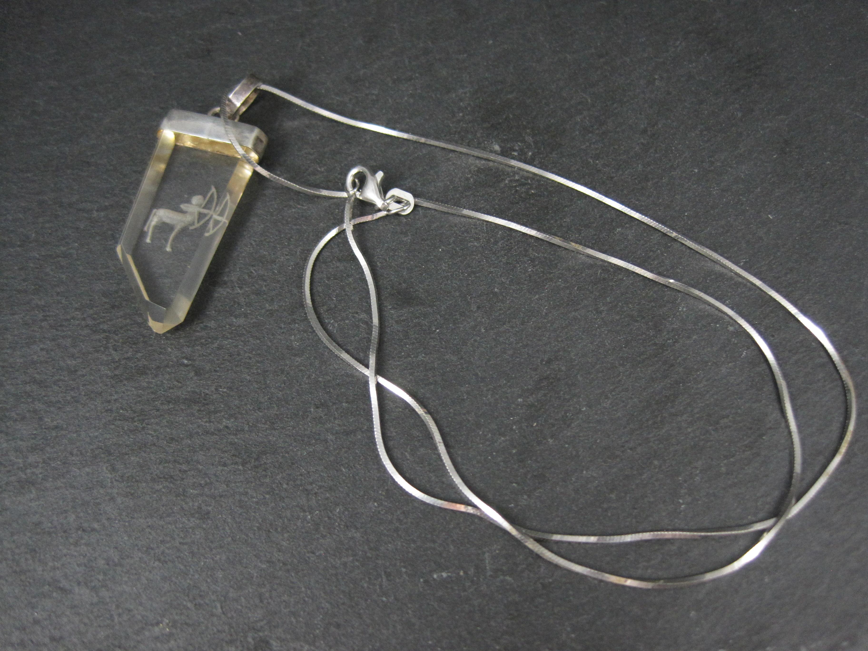 Women's or Men's Vintage Sterling Silver Quartz Sagittarius Pendant Necklace For Sale