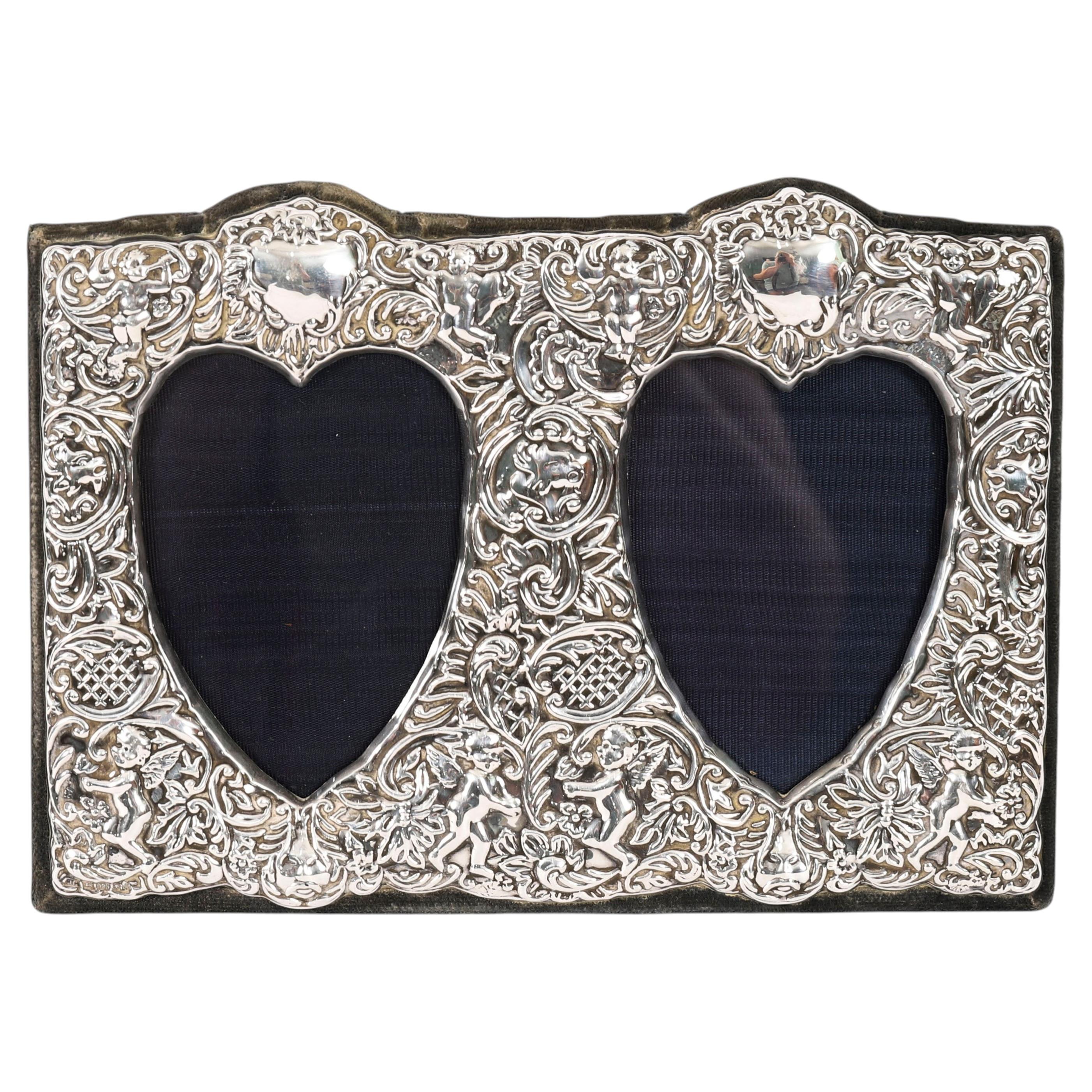 Vintage Sterling Silver Rectangular Twin Portrait Photo Frame 19th Century For Sale