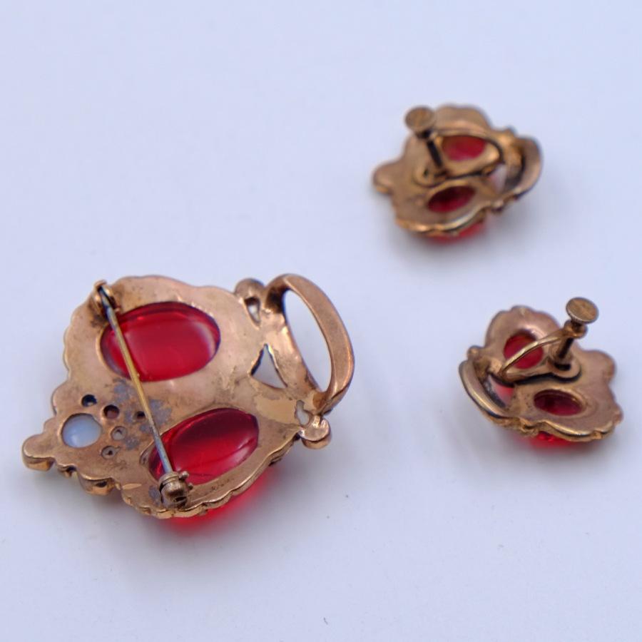 Women's or Men's Vintage Sterling Silver Red Glass Crown Brooch and Earrings Set 1940s