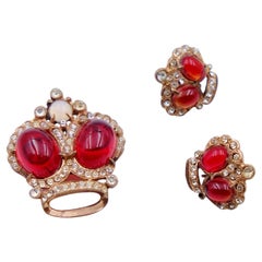 Vintage Sterling Silver Red Glass Crown Brooch and Earrings Set 1940s