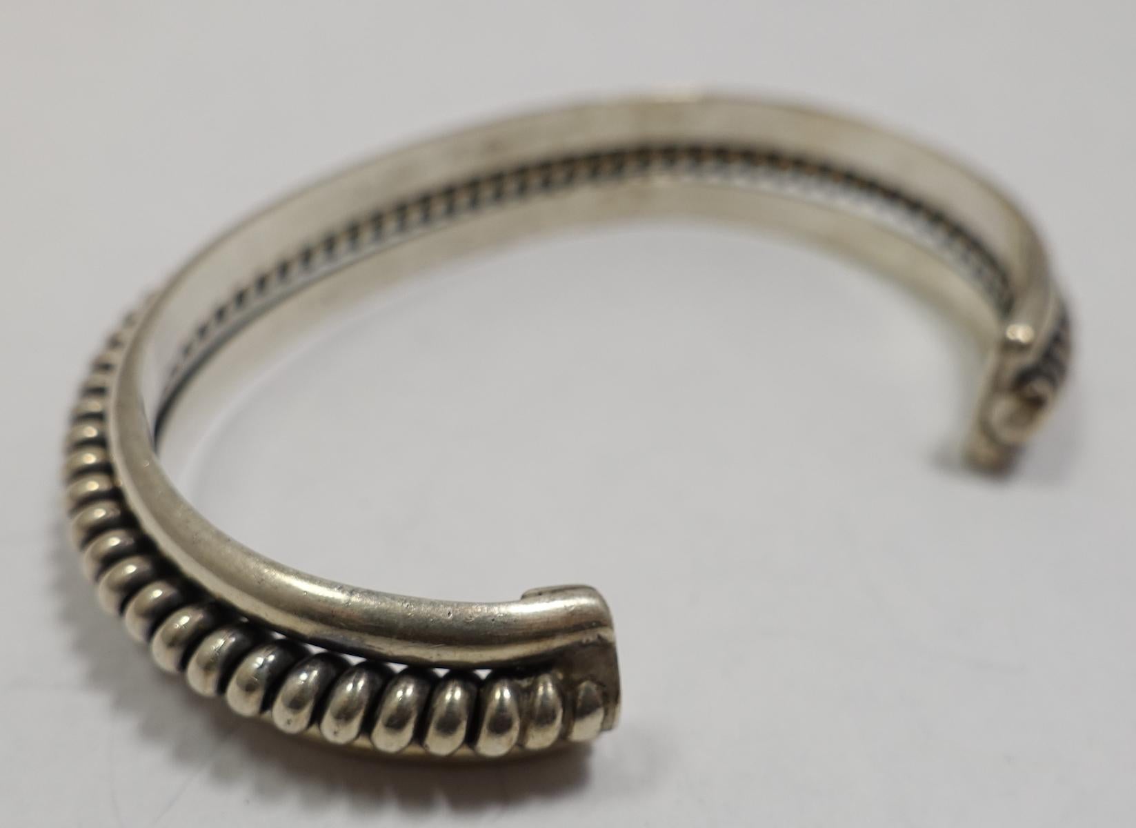Women's or Men's Vintage Sterling Silver Ribbed Cuff Bracelet For Sale