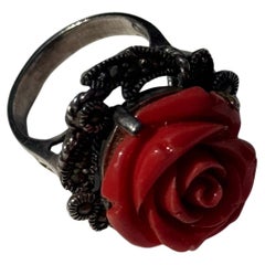 Vintage Sterling Silver Ring with Carved Coral-Colored Resin Rose and Marcasite