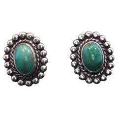Vintage Sterling Silver Rope & Beaded Framed Turquoise Clip On Earrings 4.8g