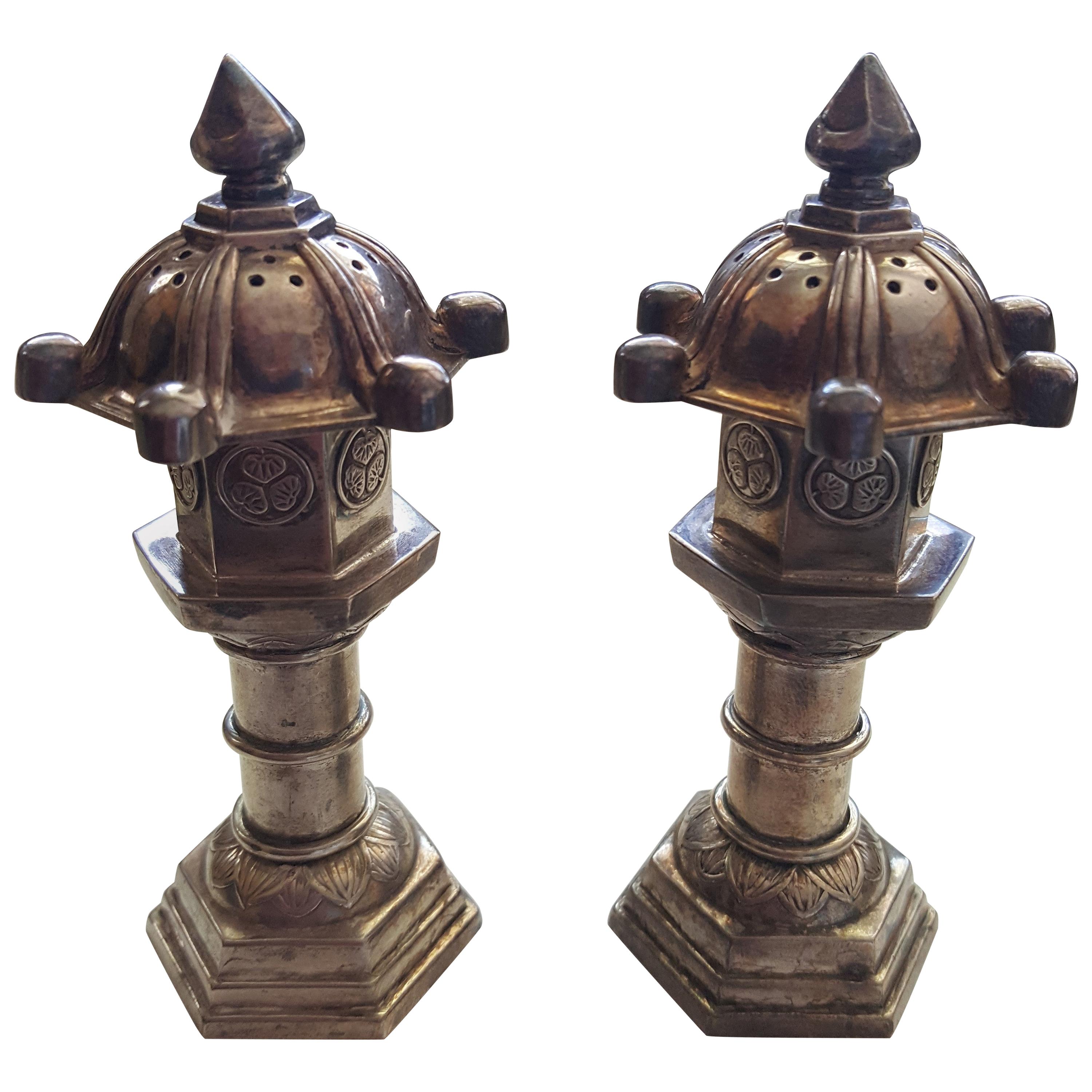 Vintage Sterling Silver Salt and Pepper Shakers, Japanese, Pagona Latern For Sale