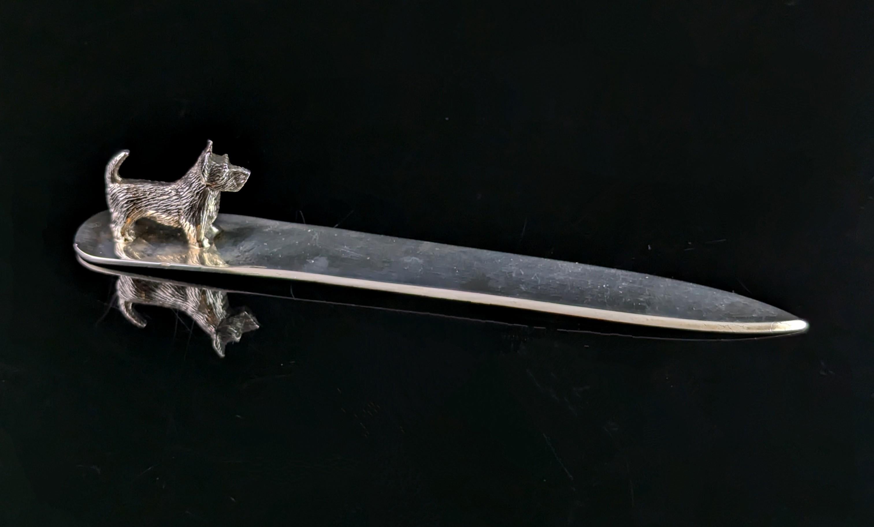 British Vintage sterling silver scottie dog letter opener, Art Deco For Sale