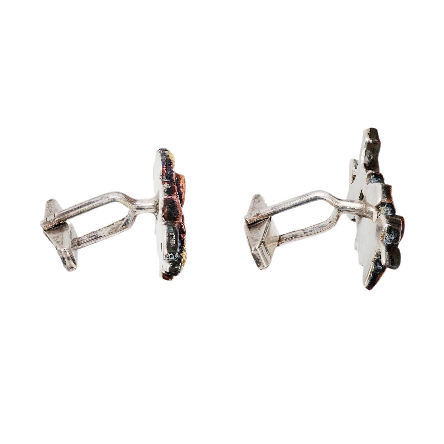 Retro Vintage Sterling Silver Shakudo Bird and Floral Motif Cufflinks For Sale