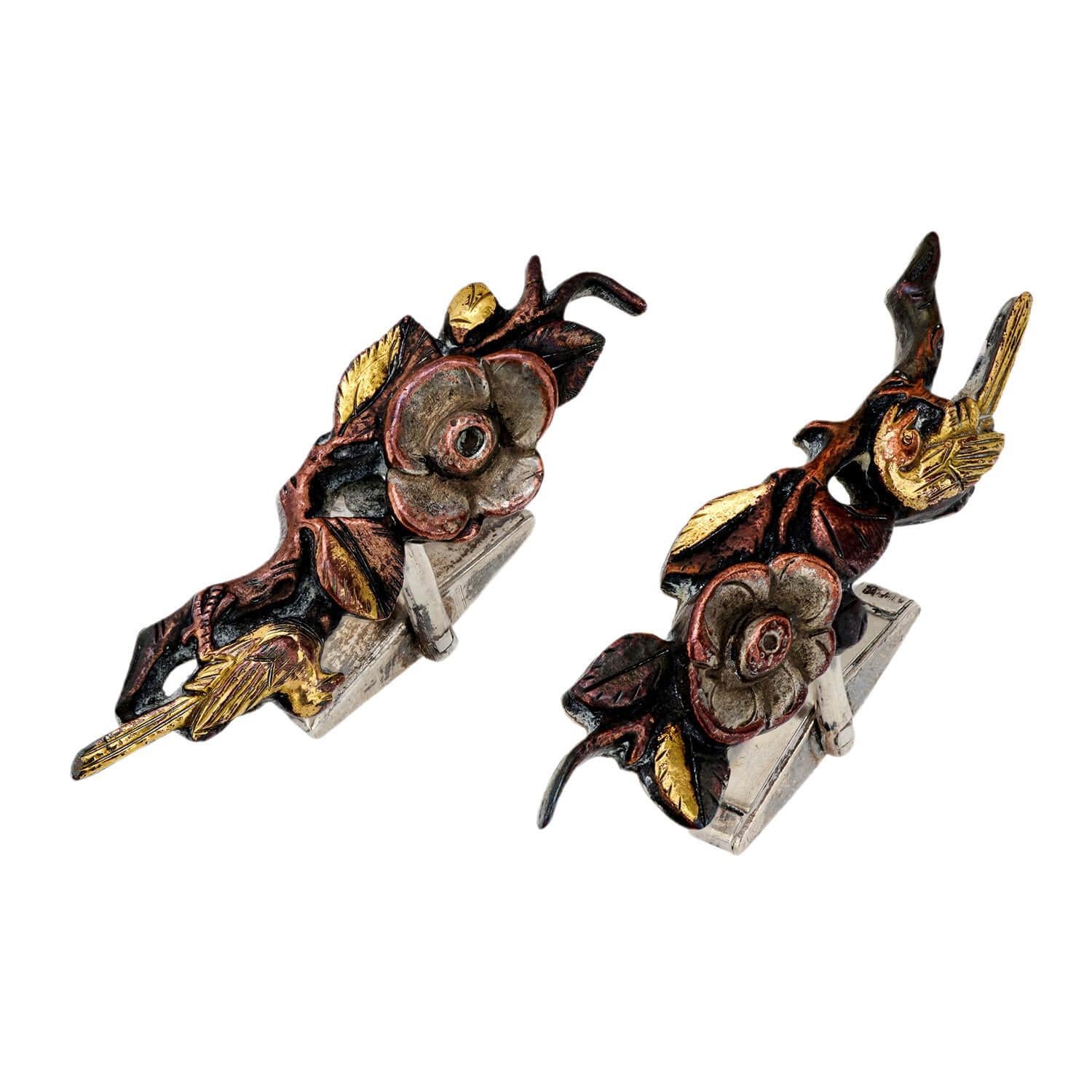 Vintage Sterling Silver Shakudo Bird and Floral Motif Cufflinks In Good Condition For Sale In Narberth, PA