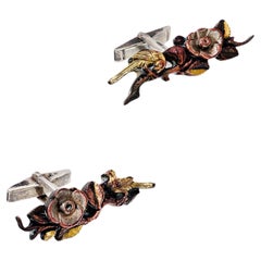 Vintage Sterling Silver Shakudo Bird and Floral Motif Cufflinks