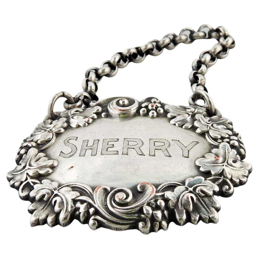 Vintage Sterling Silver Sherry Hanging Liquor Tag For Sale