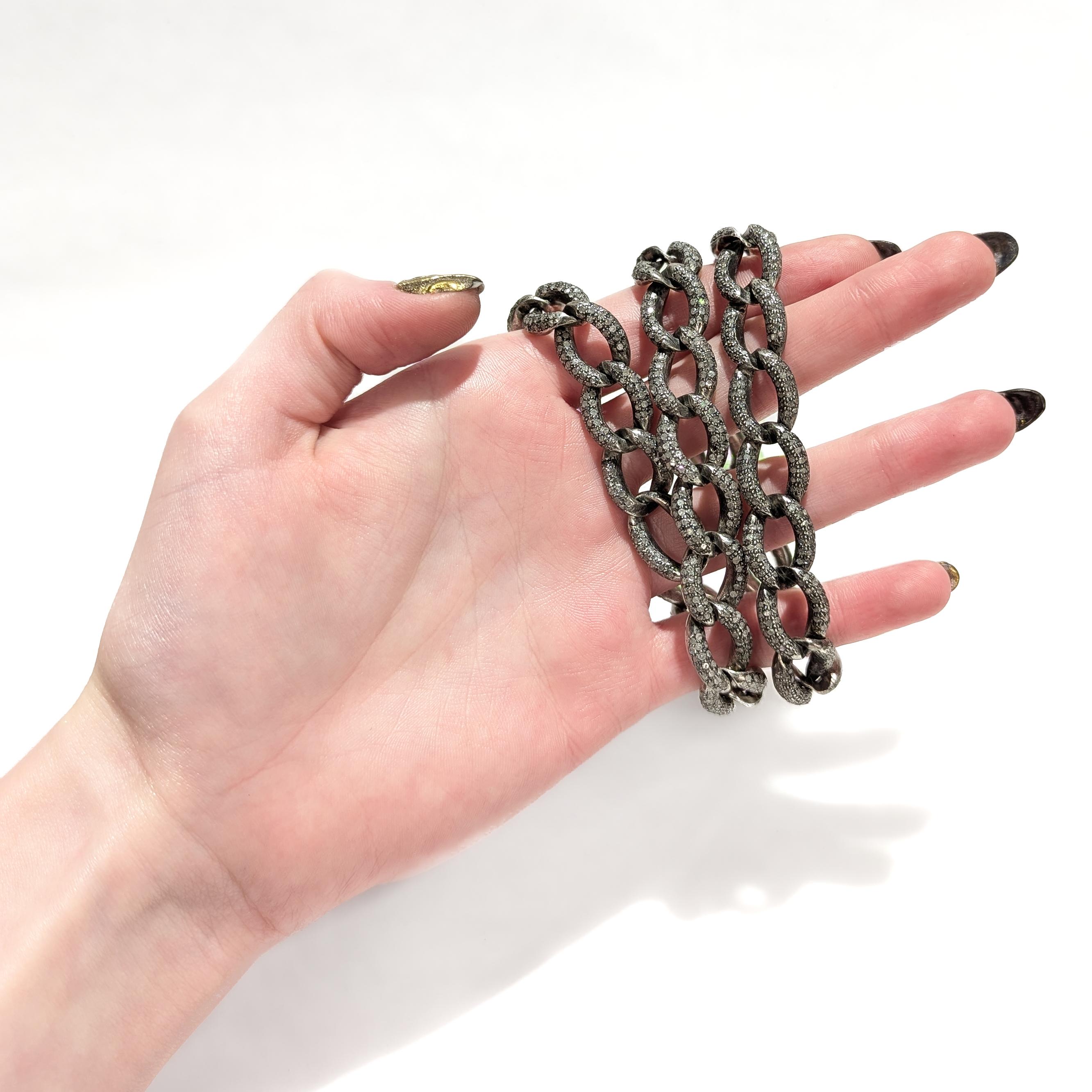 Round Cut Vintage Sterling Silver & Single Cut Diamond Curb Link Chain or Necklace For Sale