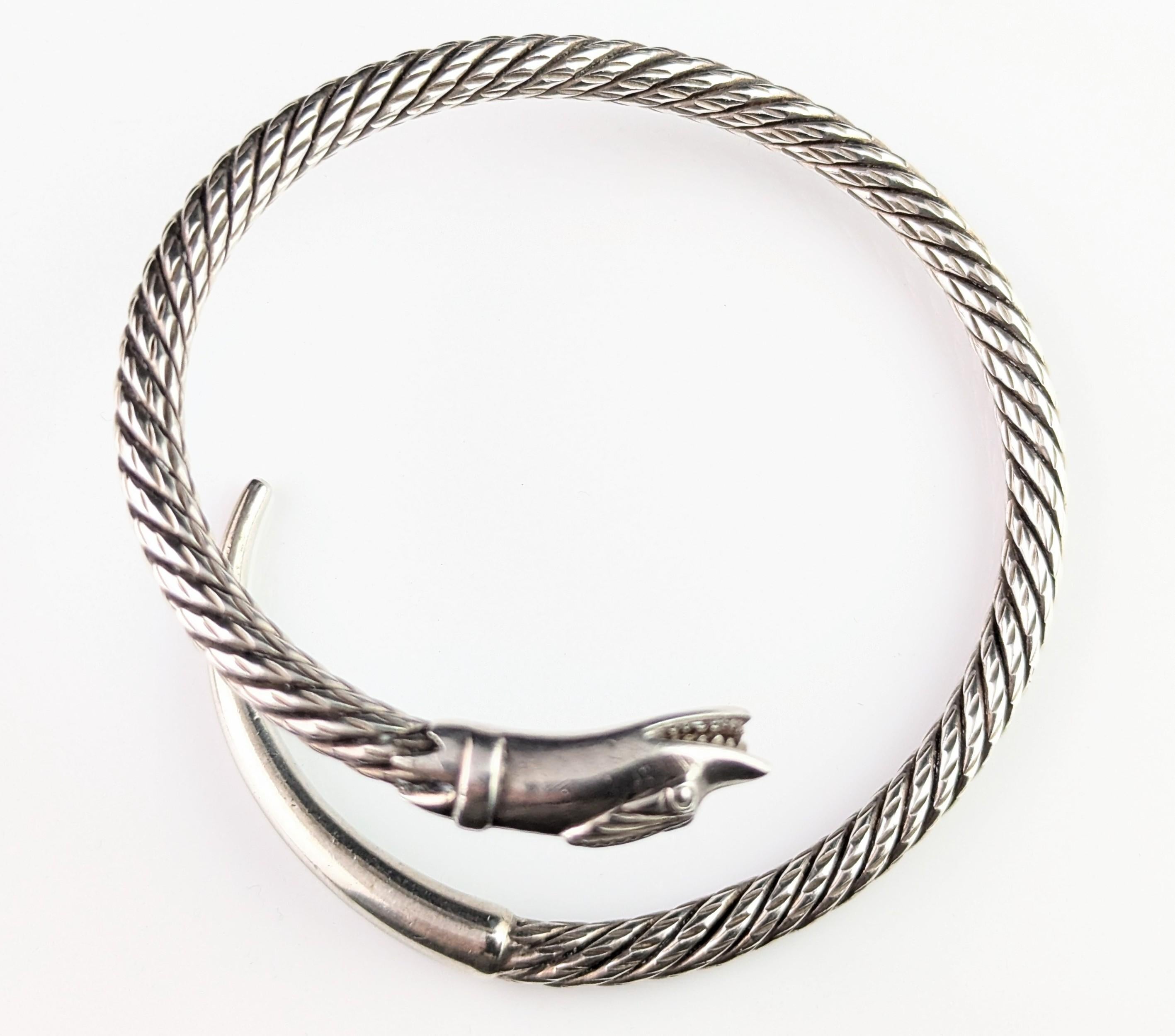 Vintage sterling silver snake bangle, heavy 7