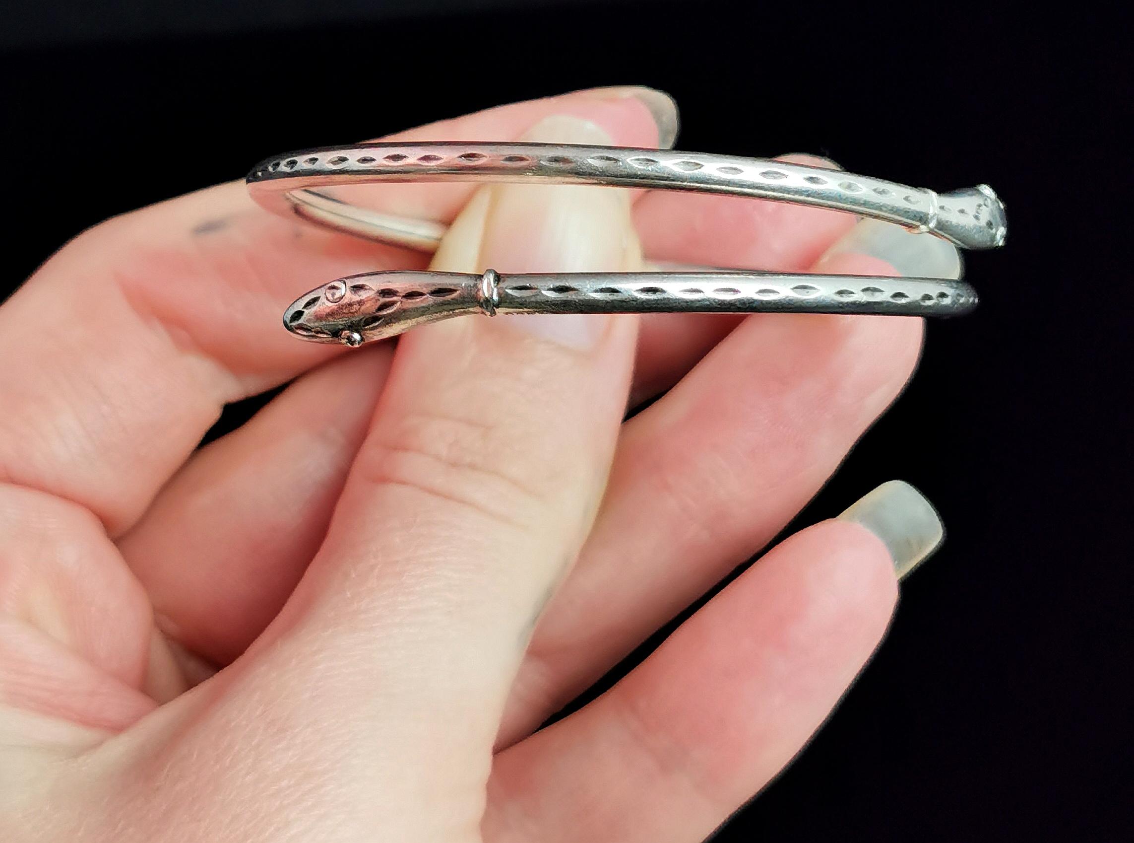 Women's Vintage Sterling Silver Snake Bangle, Ouroboros